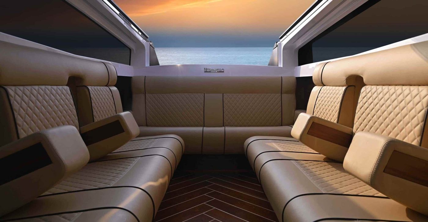 The cream leather interior of our classic wooden Vizianello GV30 Thunder water limousine