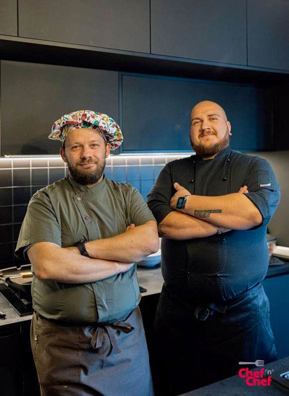The two chefs of Chef n Chef in their kitchen whites